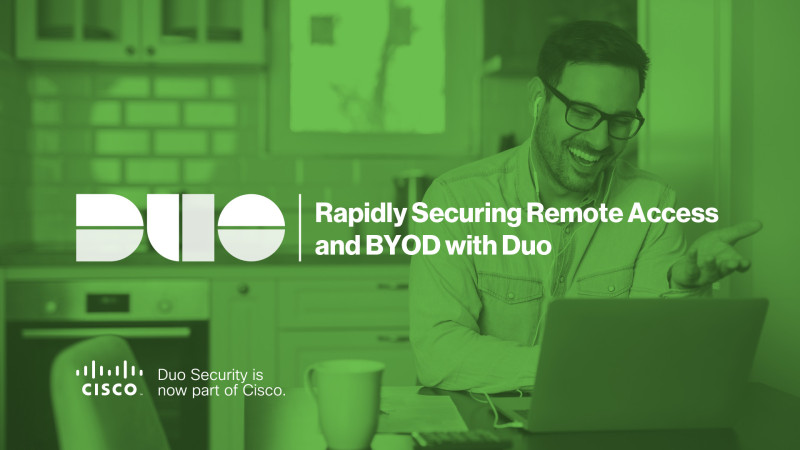 A man with earbuds in smiles at a laptop, with the webinar name Rapidly Securing Remote Access and BYOD with Duo set over top