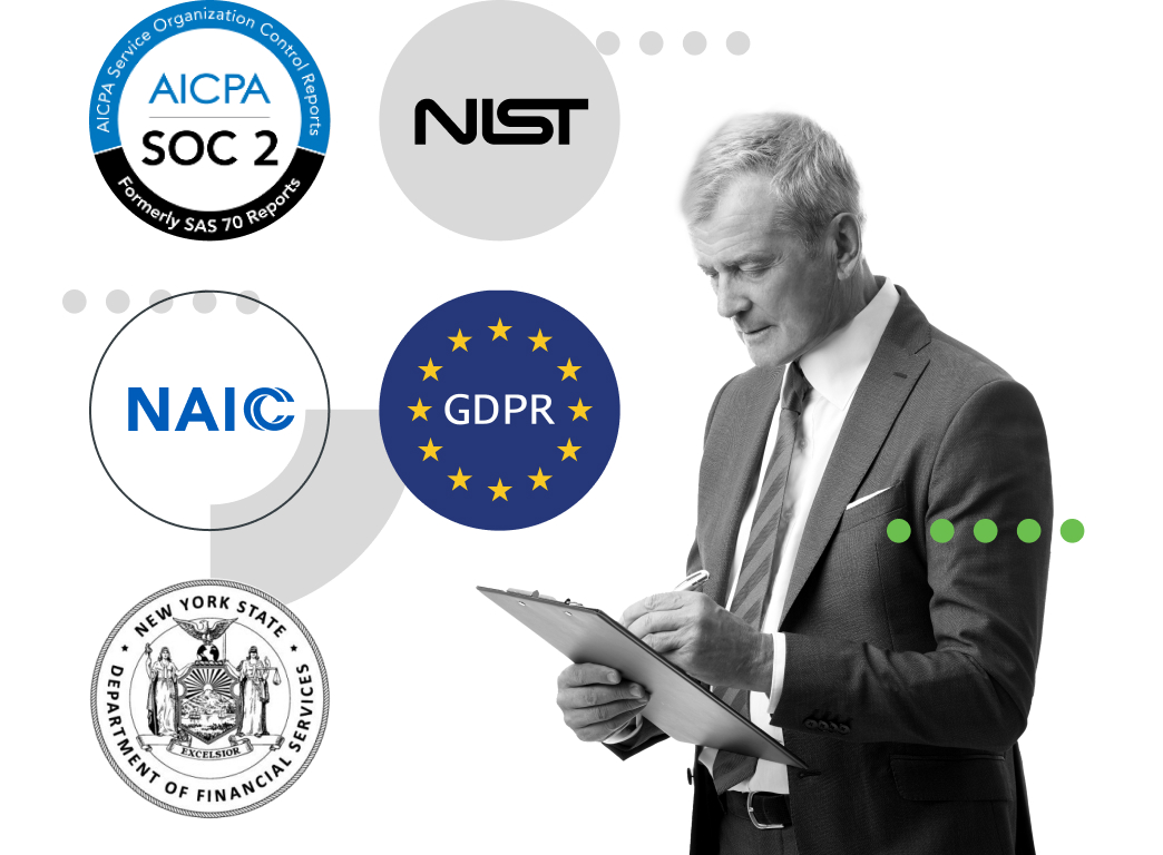 AICPA SOC 2 logo, NIST logo, NAIC logo, GDPR logo and NIST logo with man and clipboard