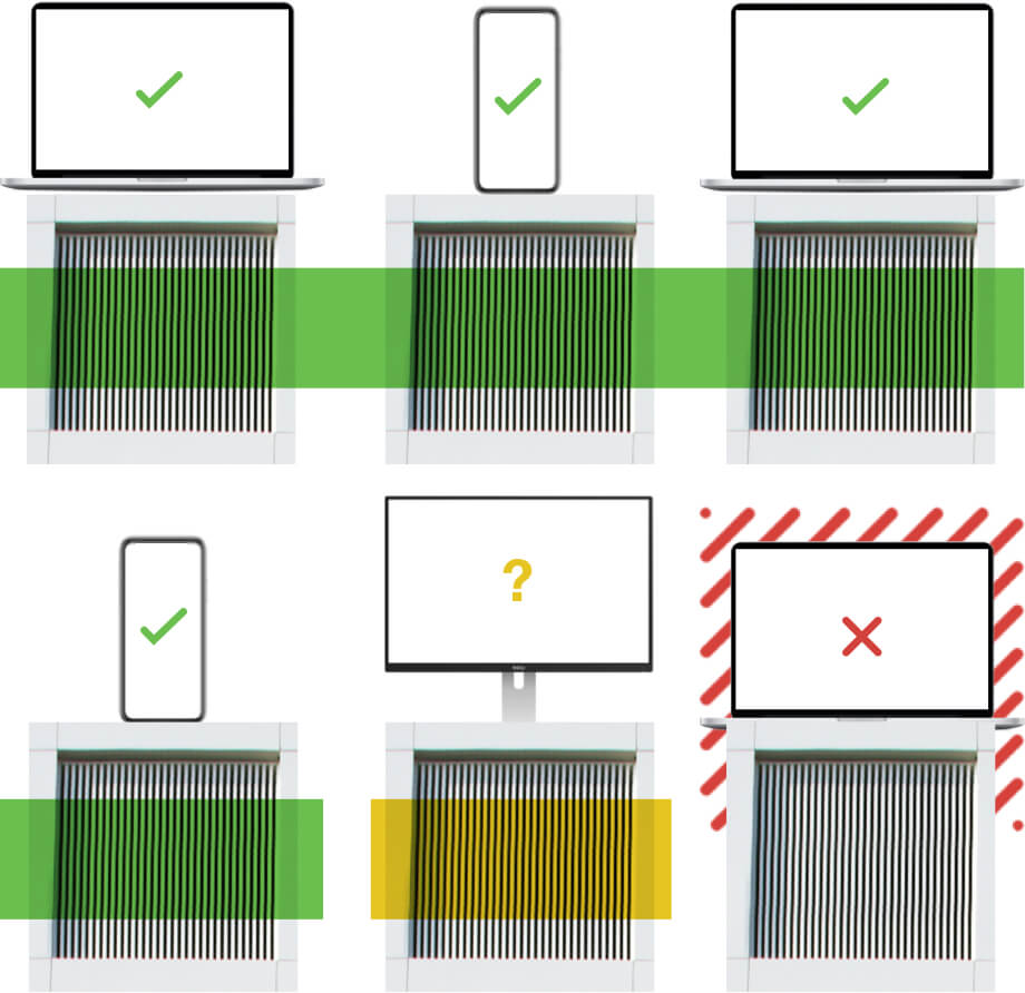 4 devices with green checkmarks on-screen, 1 with yellow question mark & 1 with red X, representing checking device health.