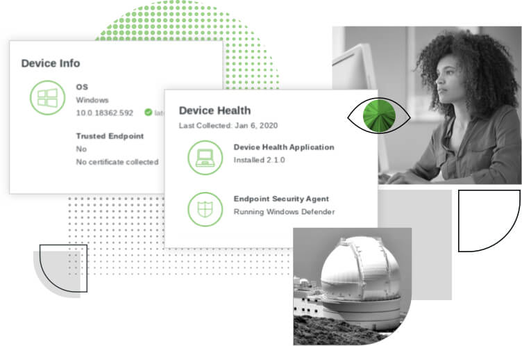 Screens with device info and device health info, a person looking at a monitor & an observatory, reflecting device visibility