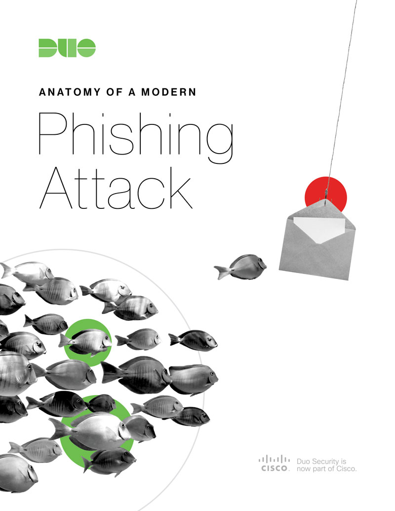 Cover of Cover of Duo's Anatomy of a Modern Phishing Attack guide, with a school of fish chasing a letter on a hook. eBook