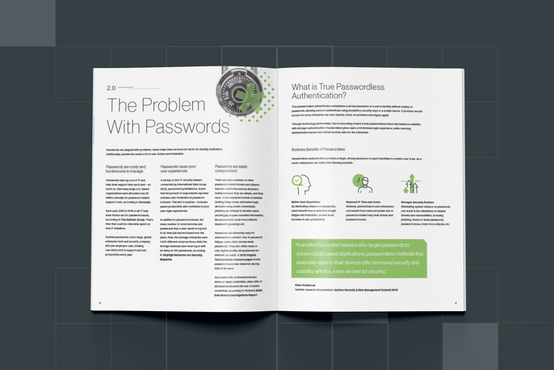 Page spread with the headlines The Problem With Passwords and What Is True Passwordless Authentication?