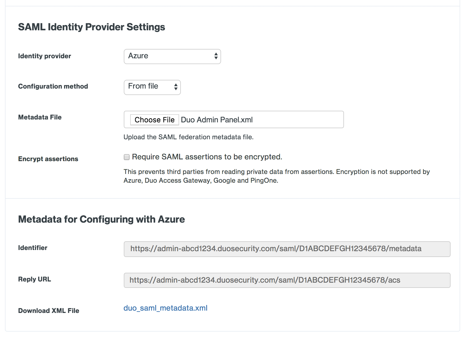 Duo Admin Panel Azure SAML Identity Provider Settings