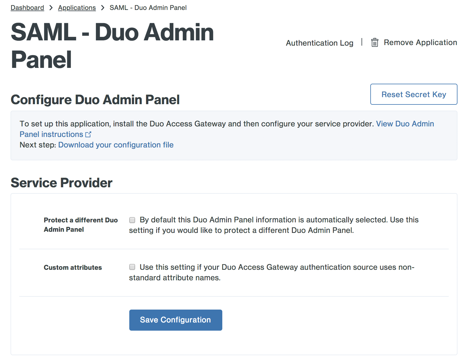 Duo Admin Panel SAML Application Settings