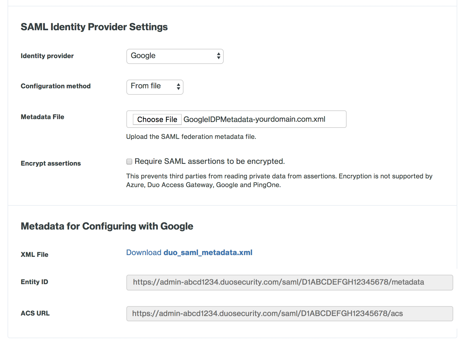 Duo Admin Panel Google SAML Identity Provider Settings