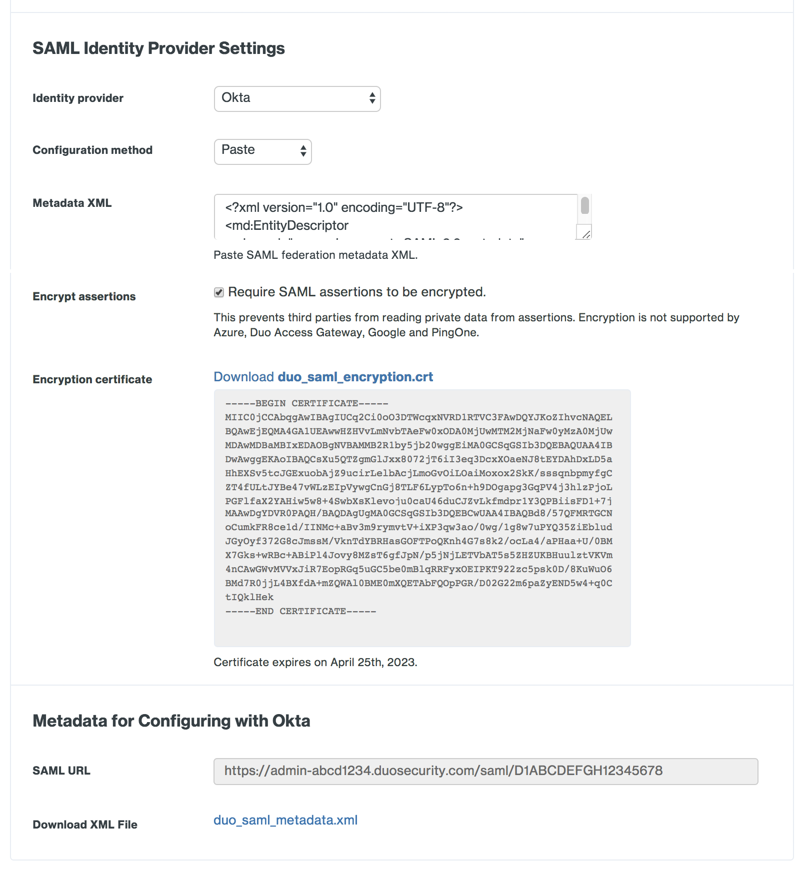 Duo Admin Panel Okta SAML Identity Provider Settings