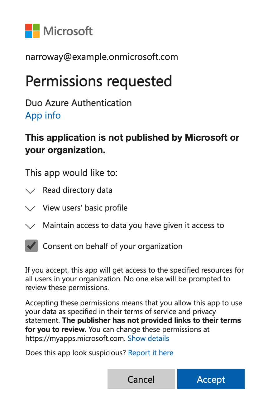 Grant Azure Permissions to the Duo Application