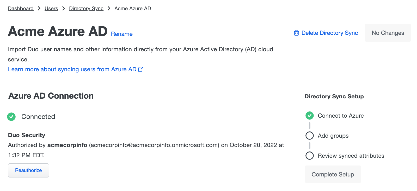 Azure AD Sync Connection with Connected Status