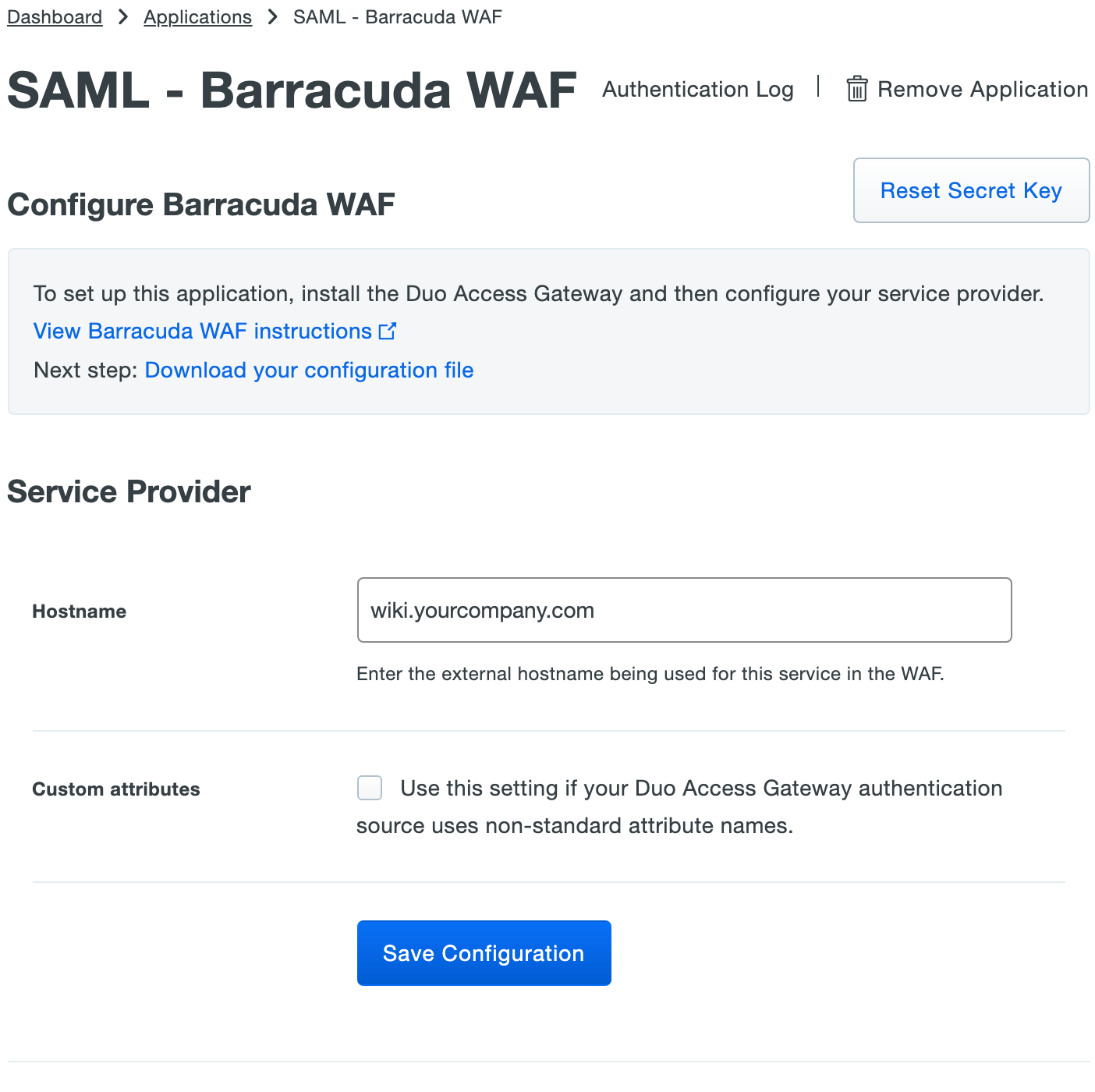 Duo Barracuda WAF Application Settings