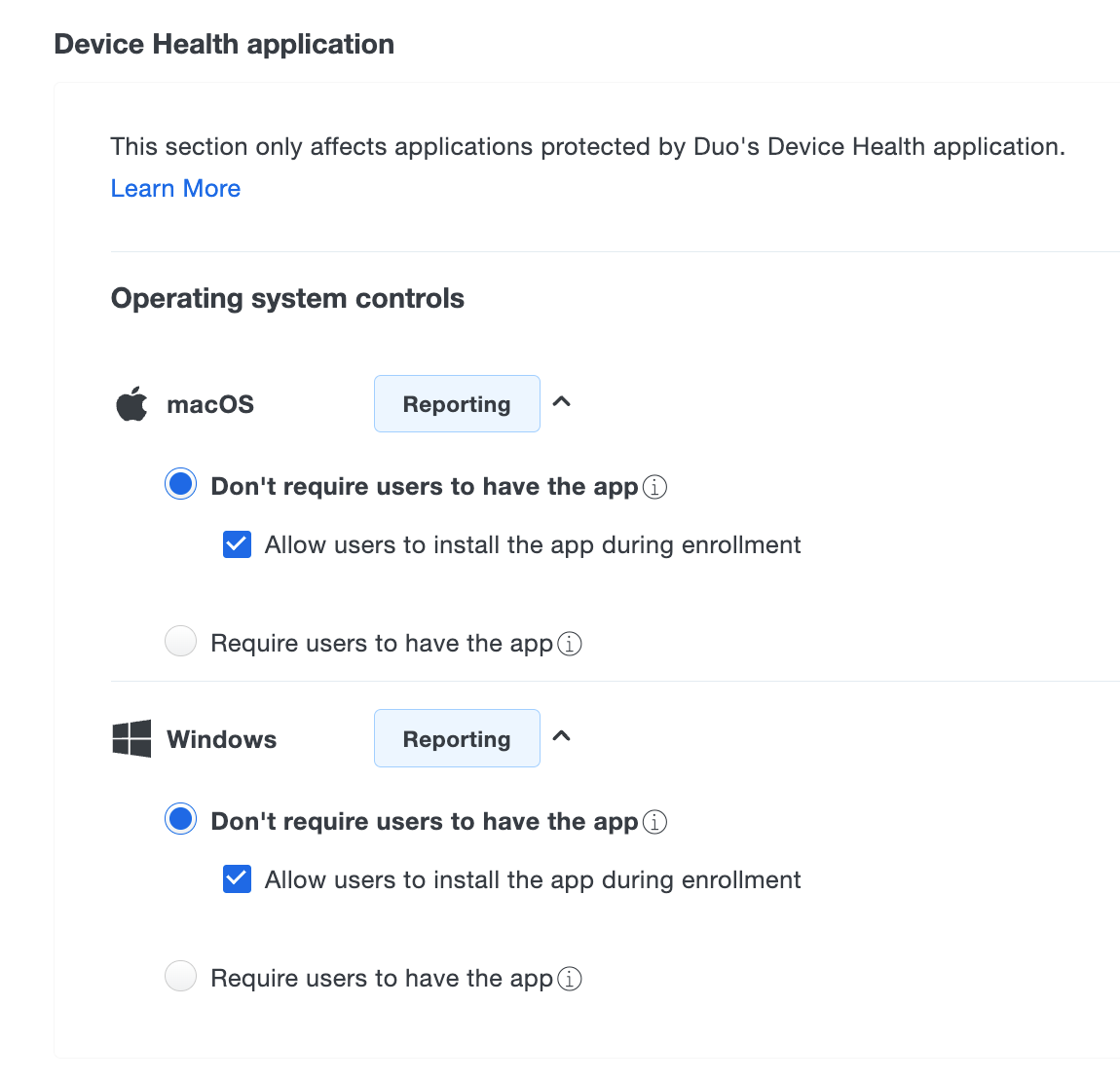 Duo Essentials Device Health Application Settings