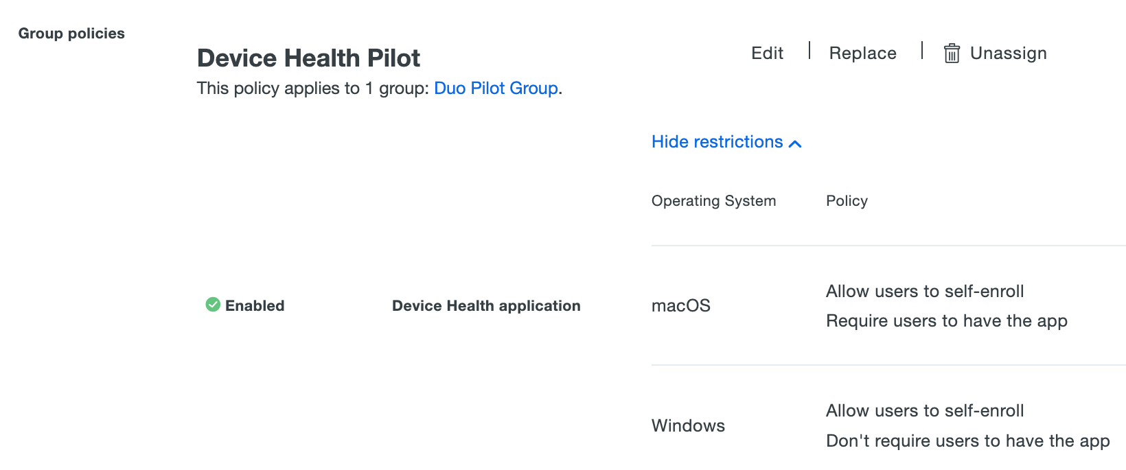 Applied Device Health Application Group Policy