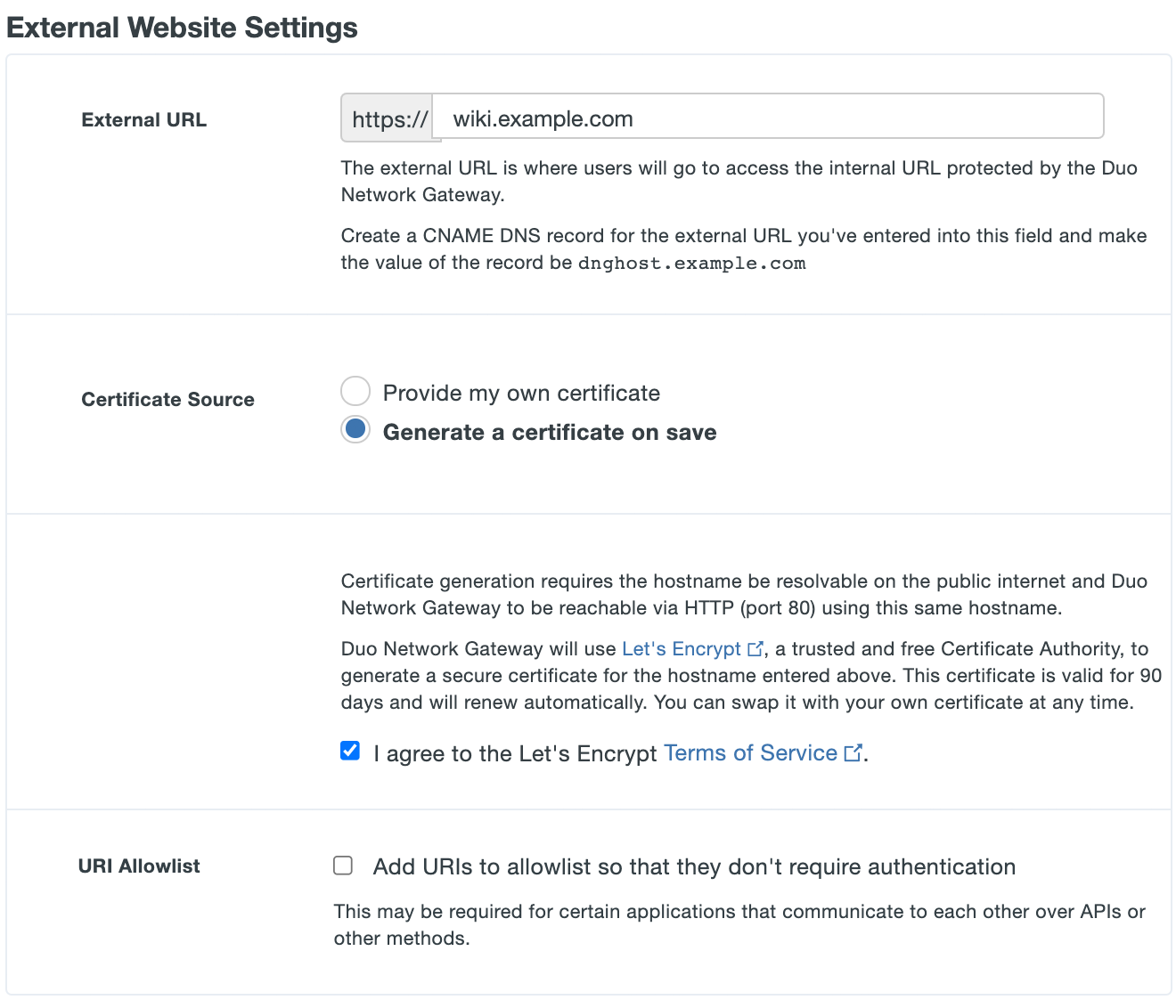 Configure external settings for Duo Network Gateway Application with Let's Encrypt