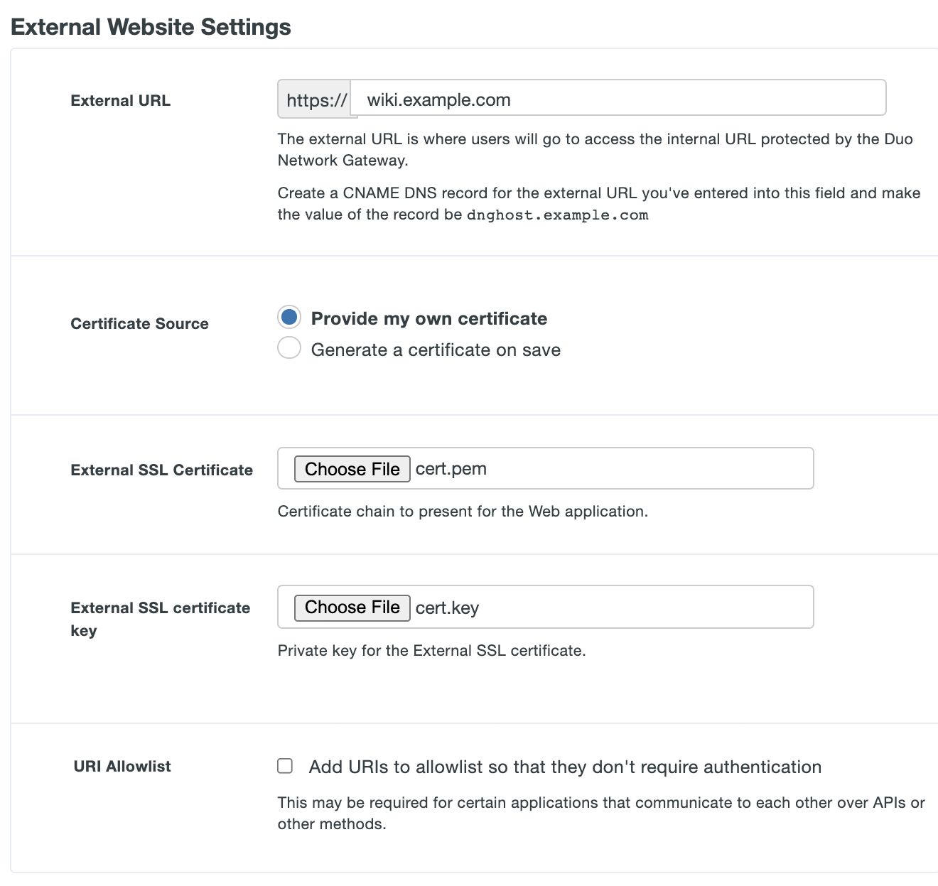 Configure external settings for Duo Network Gateway Application