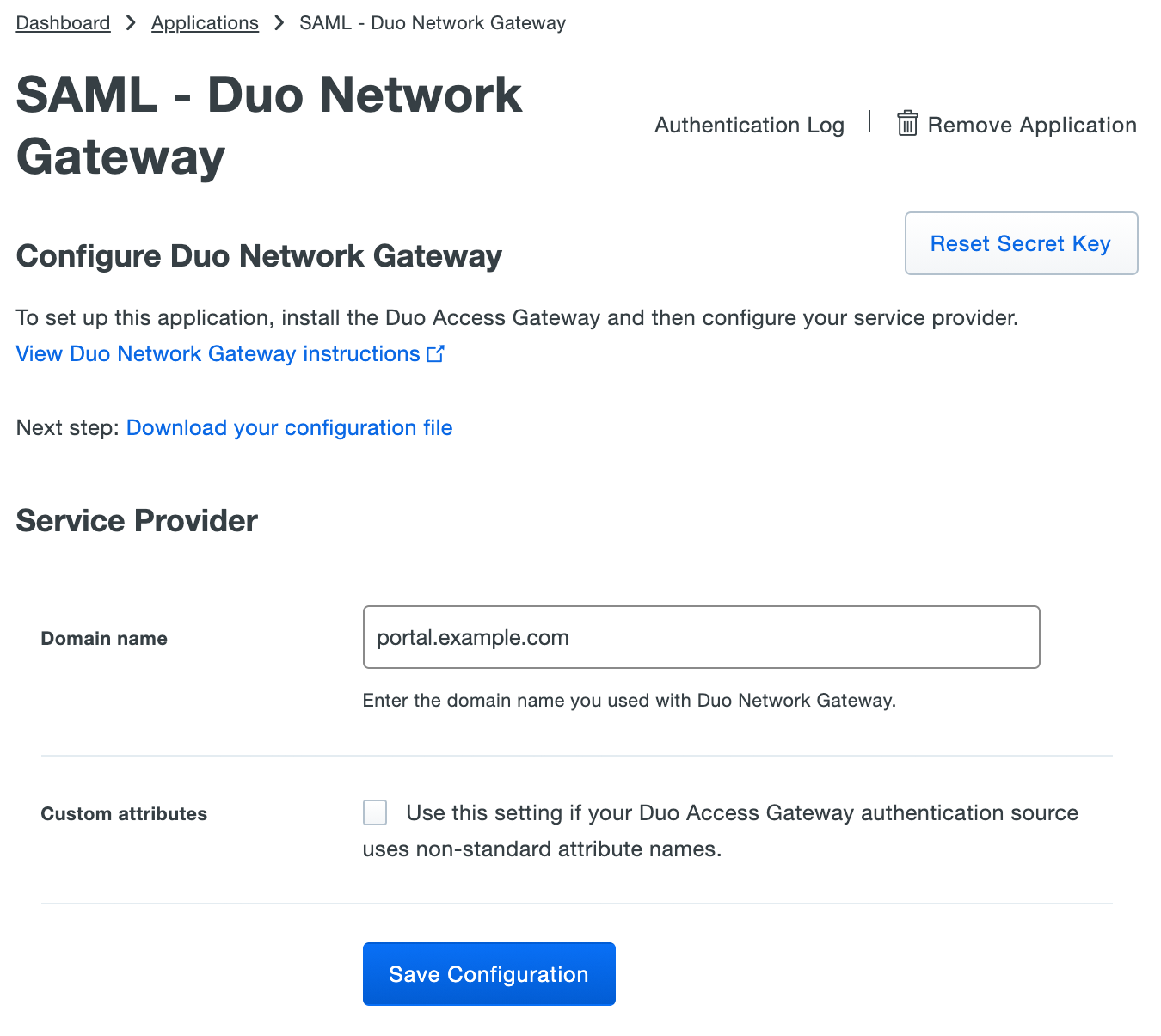 Duo Network Gateway Application Settings