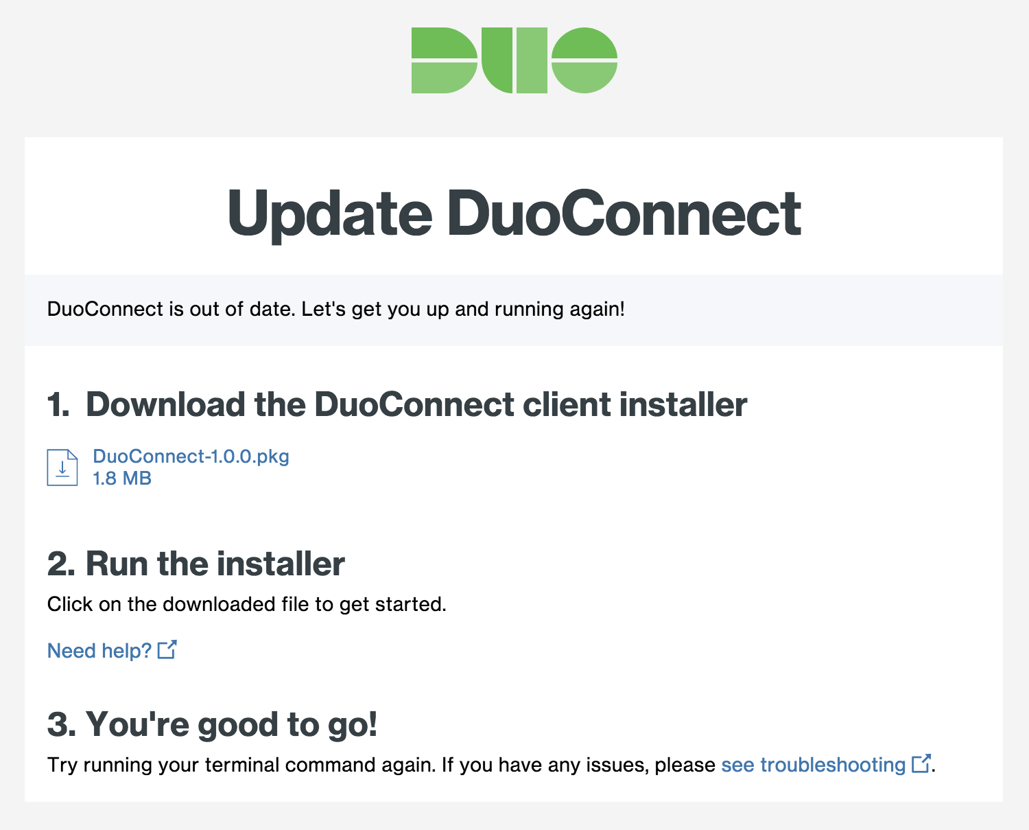 DuoConnect Upgrade Page