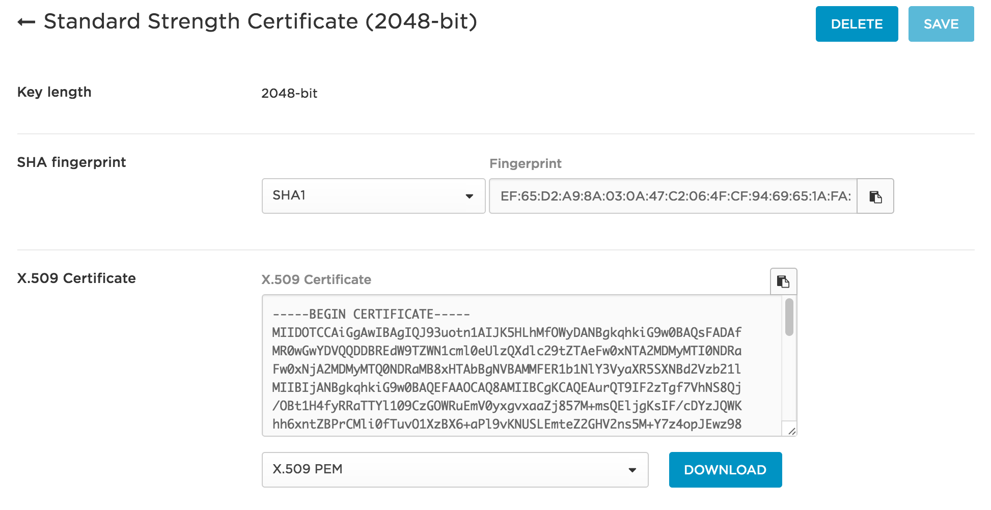 OneLogin SSO Certificate Page