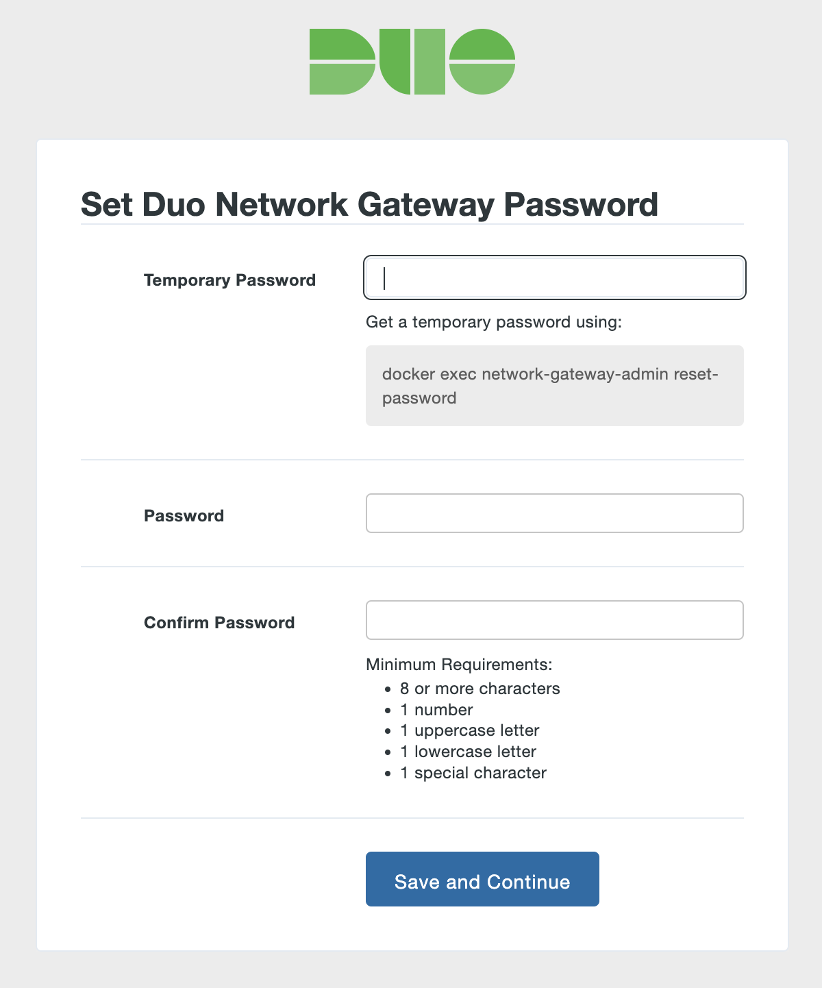 Duo Network Gateway Initial Set Admin Password page