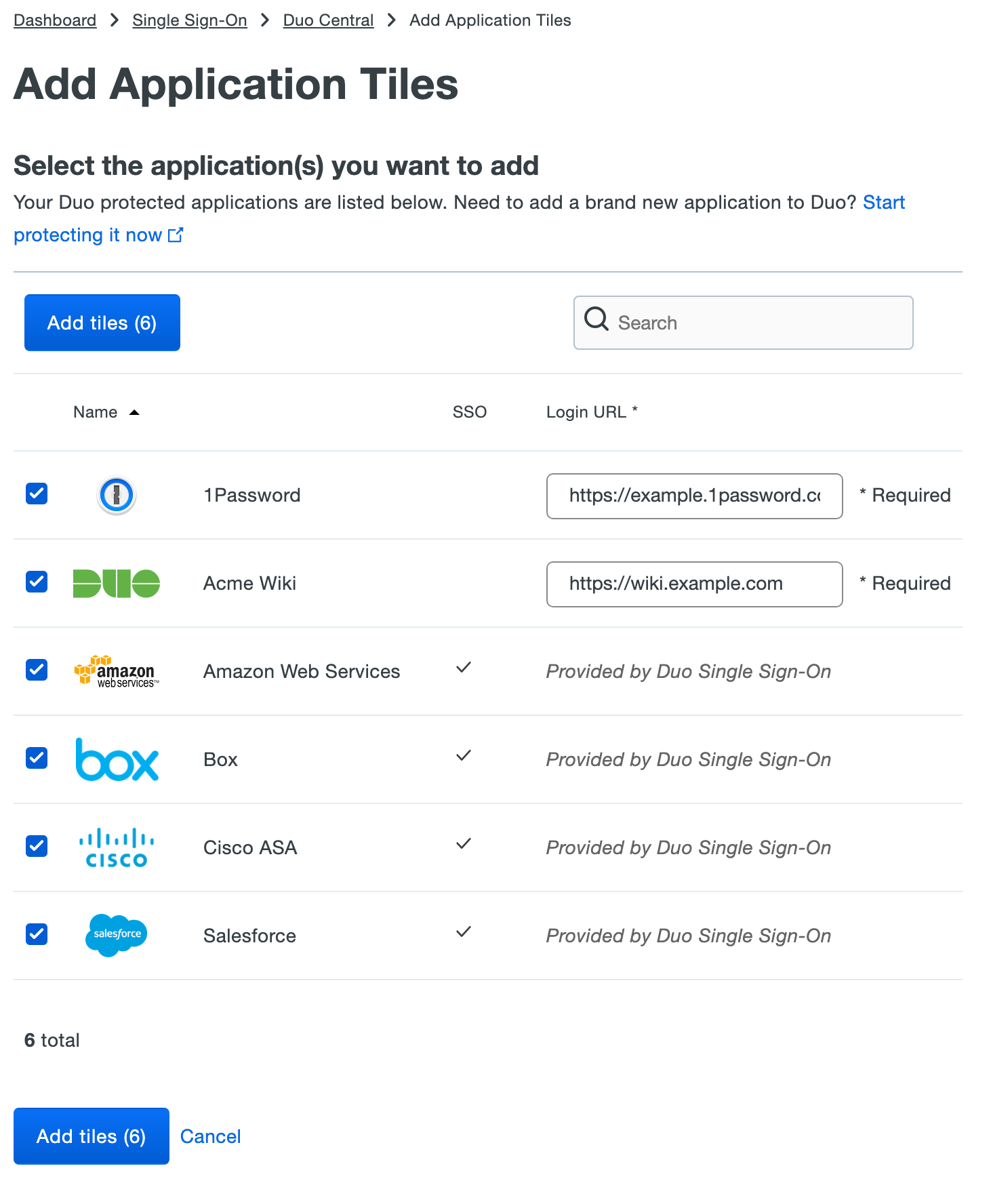 Duo Central Add Applications Tiles page