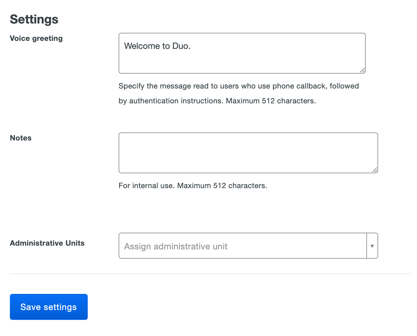 Duo Central settings page