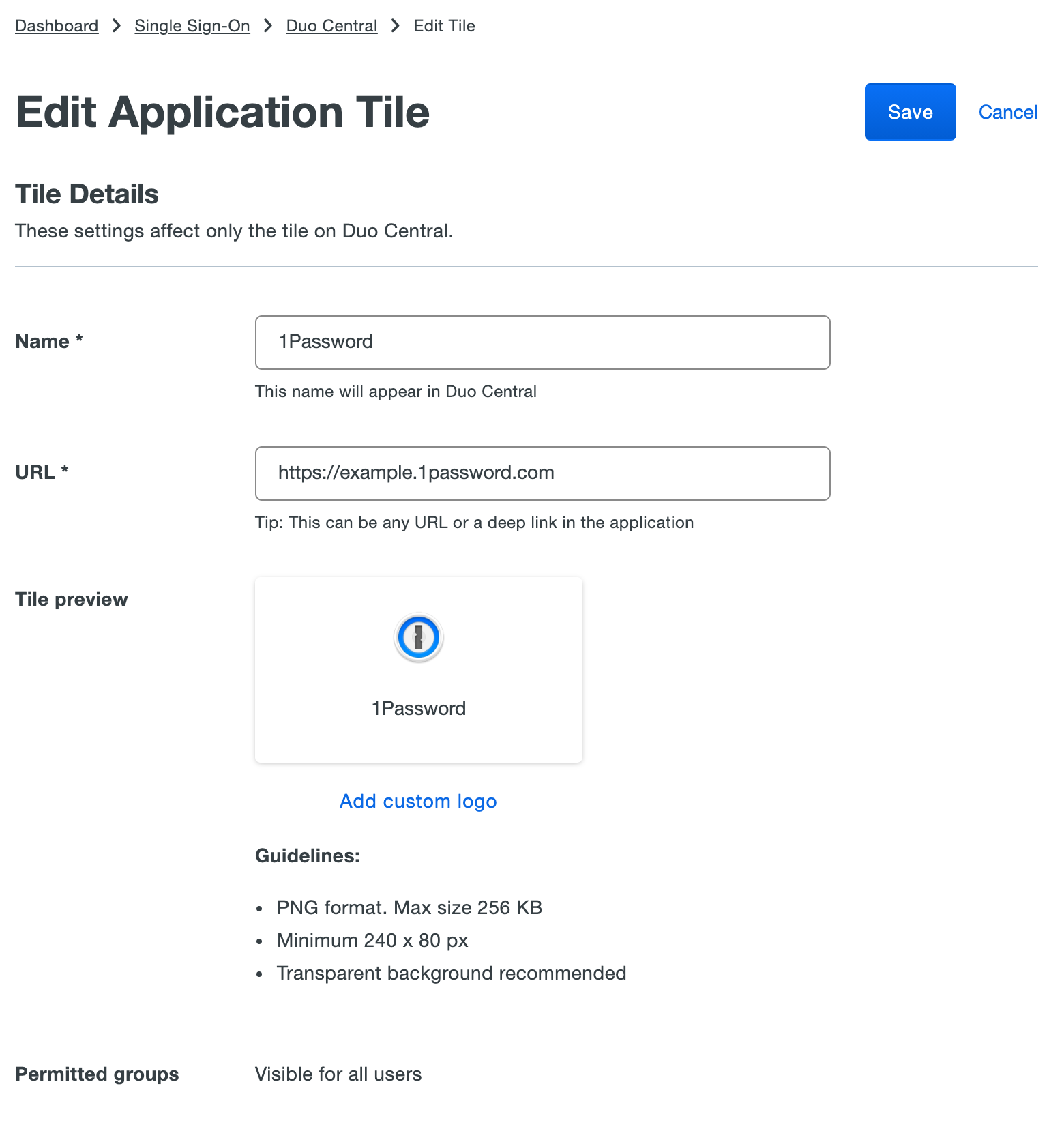 Duo Central Edit application Tile page