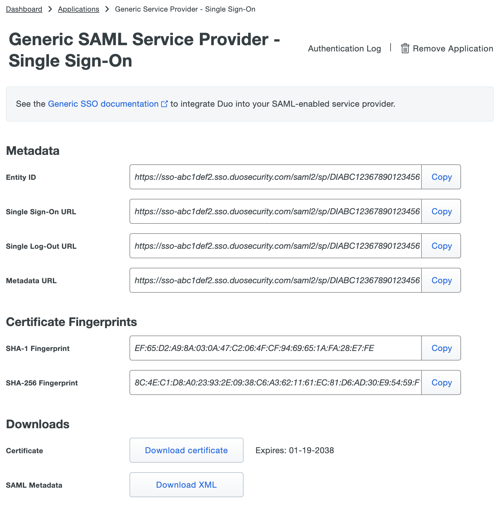 Metadata for configuring generic SAML service providers