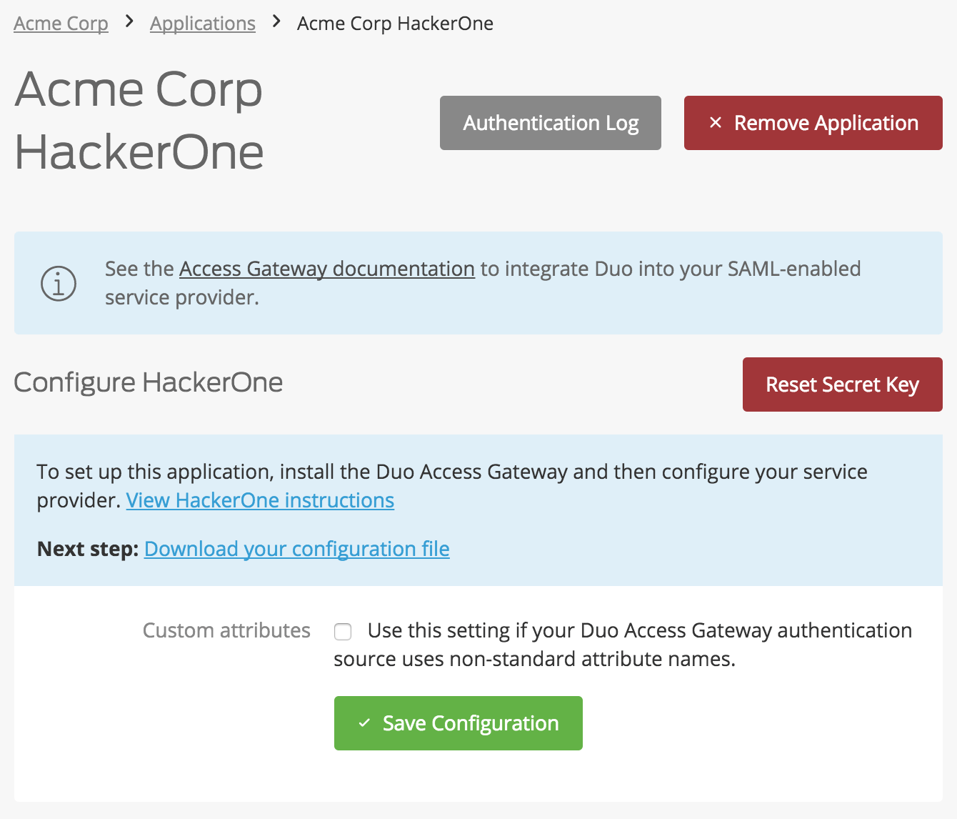 Duo HackerOne Application Settings