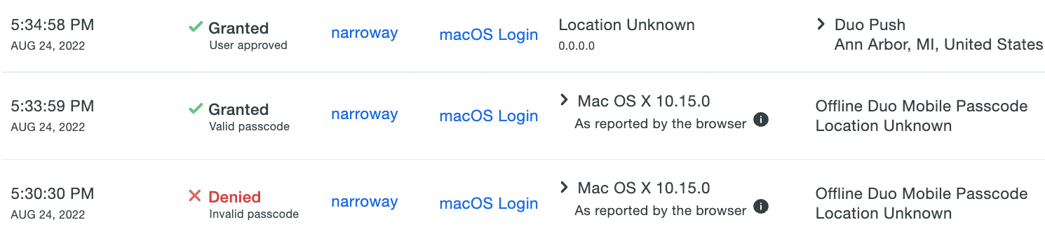 macOS Login Offline Access Authentication Log Events