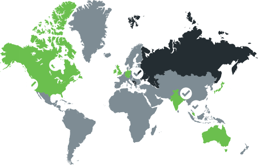World map with checks on Duo's 9 data center locations: USA, Canada, Ireland, UK, Australia, Germany, India, Singapore, Japan