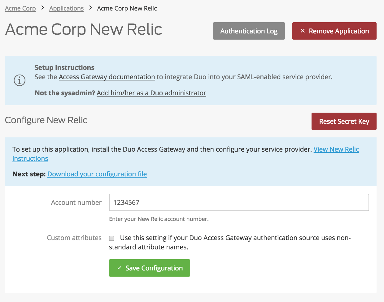 Duo New Relic Application Settings