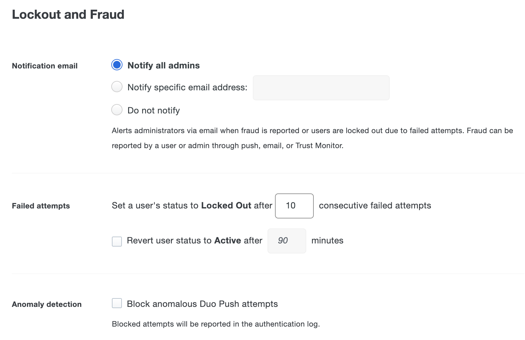 Lockout and fraud settings