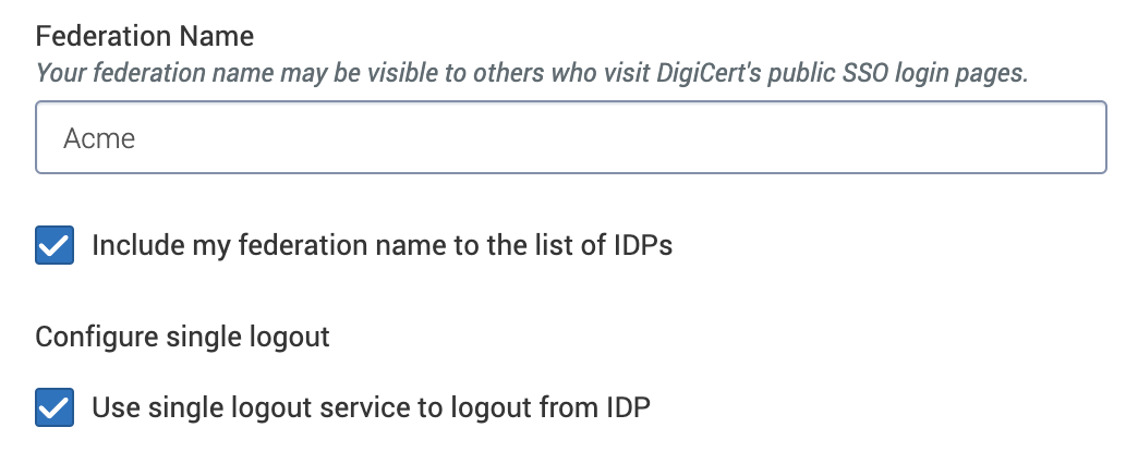 DigiCert Federation Name and Checkboxes