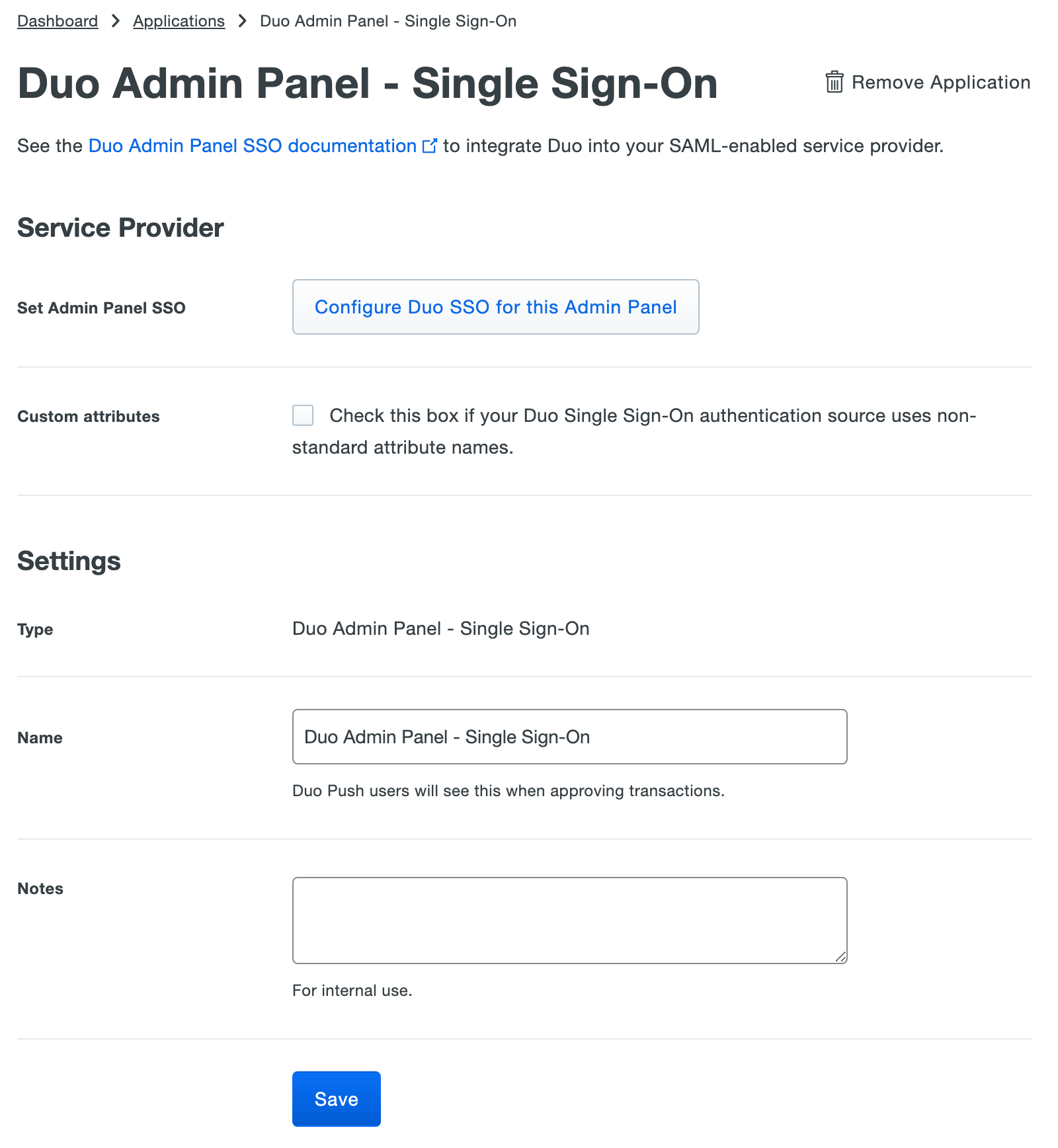 Duo Admin Panel SSO Application Settings