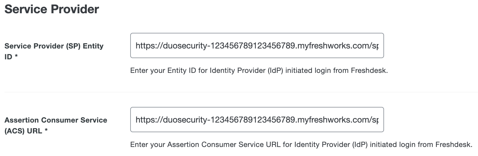 Duo Freshdesk SP Entity ID and ACS URL