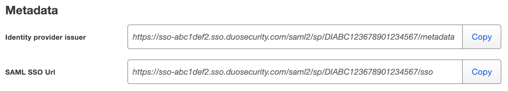 Duo Monday IdP Issuer and SAML SSO URLs