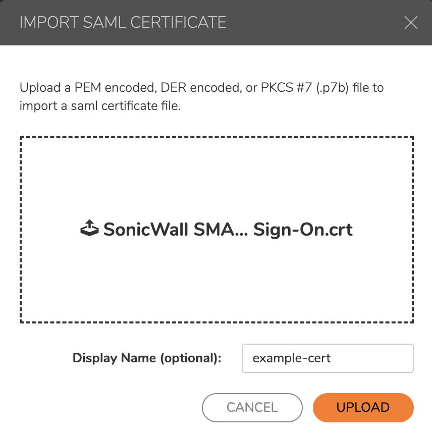 SonicWall SMA 200 Series Certificate Upload and Display Name