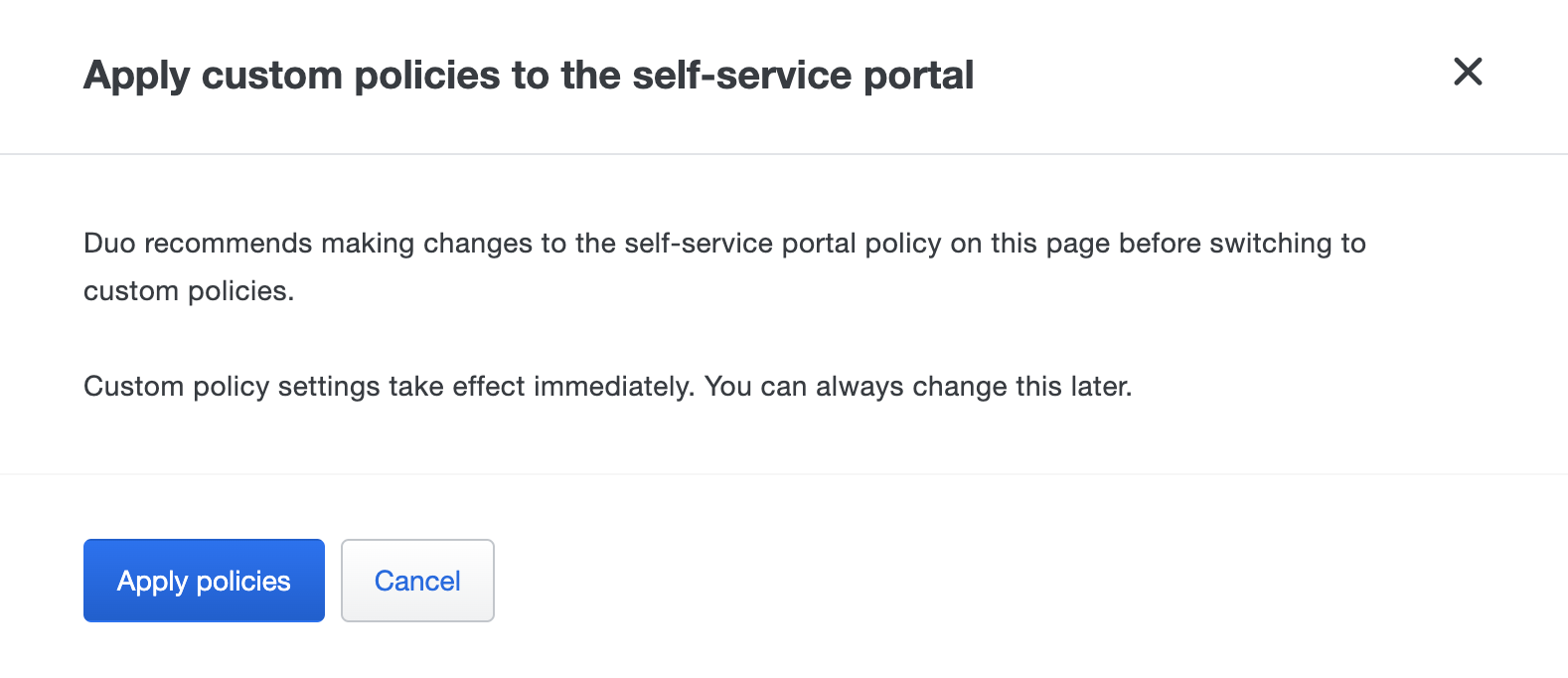 Apply Self Service Policy Pop-up