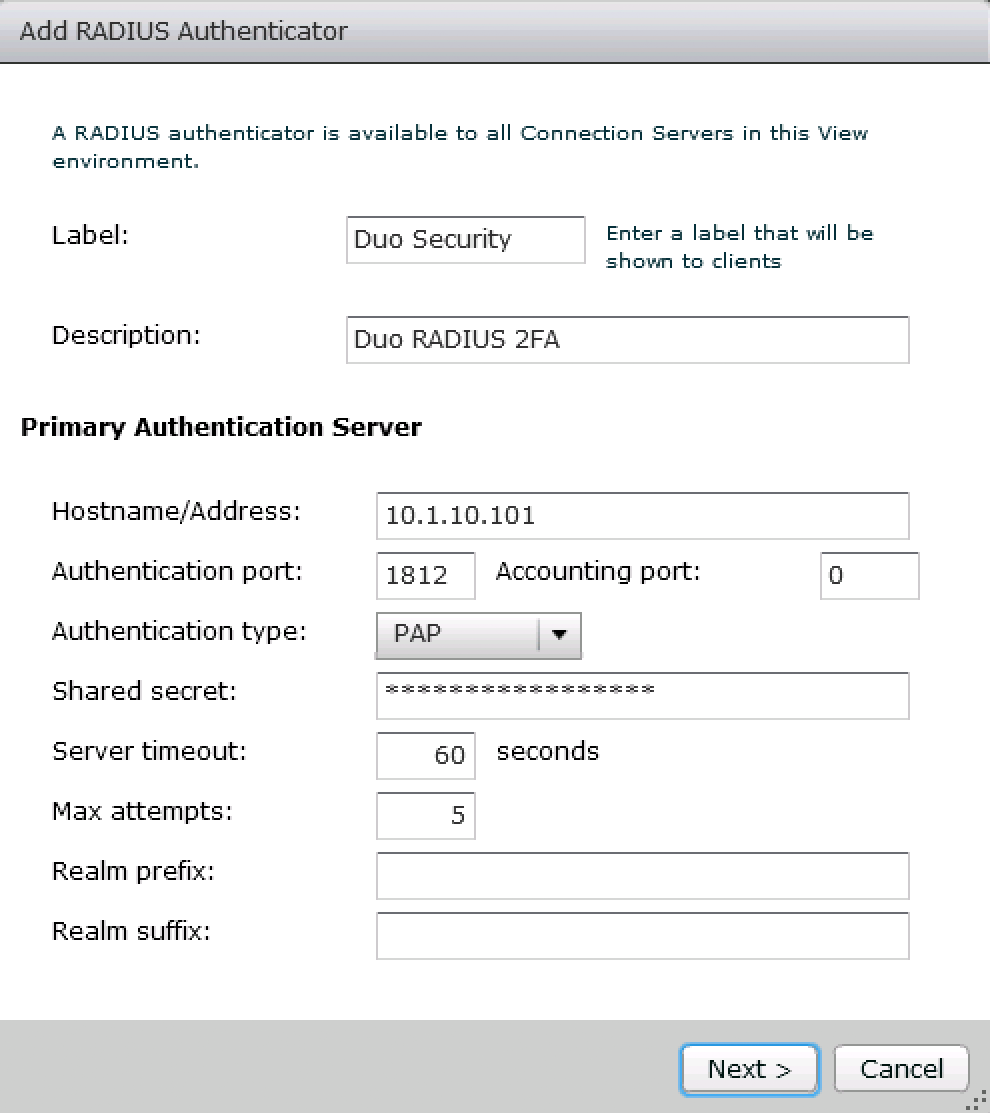 Enter Duo RADIUS Authenticator Information